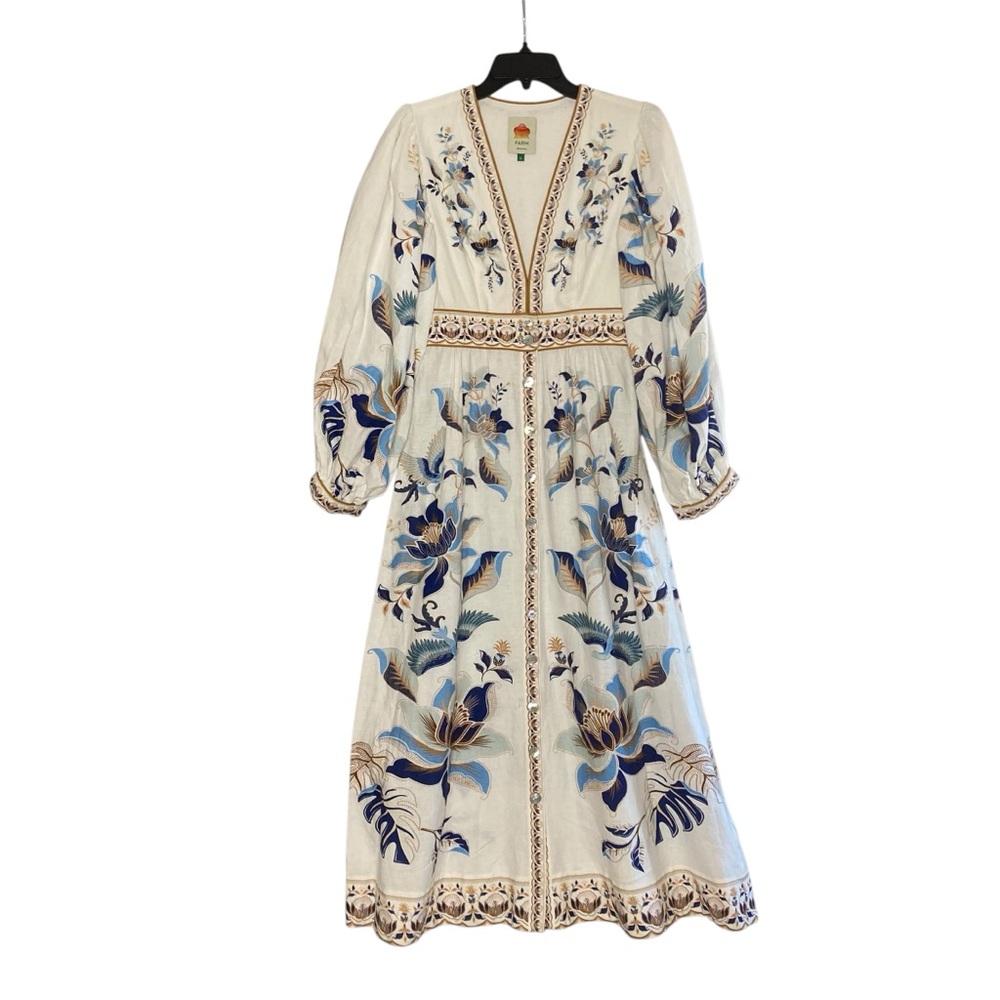 Farm Rio Mystic Blue Lotus Placed Print Long Sleeve Linen Blend Maxi Dress S - Picture 2 of 10